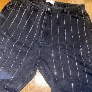 primark x rita ora black bedazzled pinstripe jeans size 16